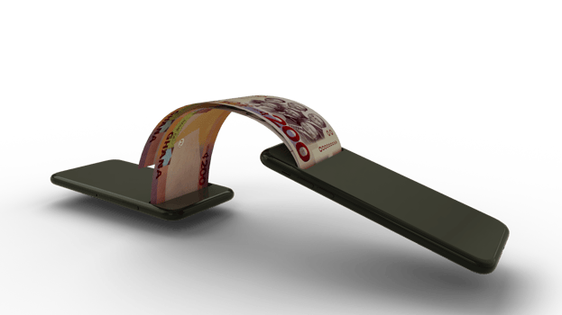 3D rendering of Ghanaian cedi notes transferring from one phone to another. mobile money transaction concept. money coming out of mobile phone png