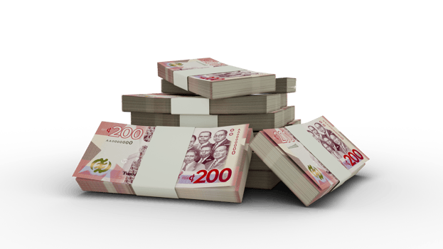 3d rendering of Stack of Ghanaian cedi notes. bundles of Ghanaian currency notes isolated on transparent background png