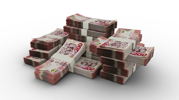Bundles of Ghanaian Cedi notes. 3D rendering of bundles of banknotes png