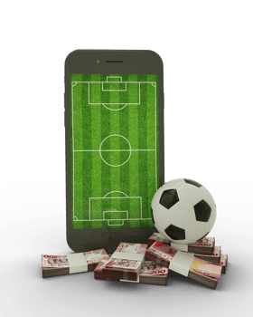 3D rendering of a mobile phone with soccer field on screen, soccer ball and stacks of Ghanaian cedi notes png
