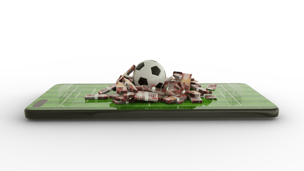 3d rendering of Mobile phone Soccer betting. Football and Ghanaian cedi notes on phone screen. Soccer field on smartphone screen. bet and win concept png