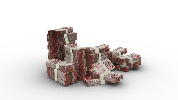 Stack of Ghanaian Cedi notes. 3d rendering of bundles of money isolated on transparent background png
