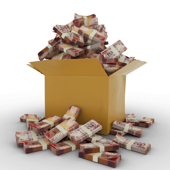 3d rendering of cardboard box full of Ghanaian cedi notes isolated on a  transparent background png