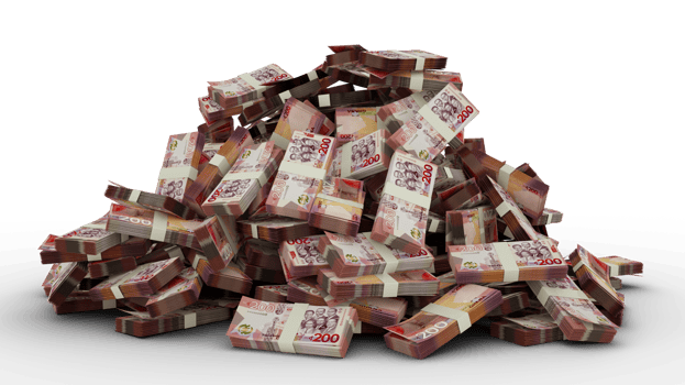 Big pile of 200 Ghanaian cedi notes a lot of money. 3d rendering of bundles of cash png
