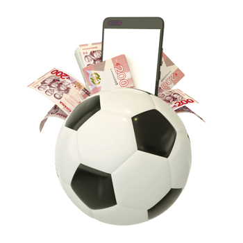3d rendering of Ghanaian cedi notes behind soccer ball. Sports betting, soccer betting concept isolated on transparent background png
