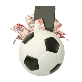 3d rendering of Ghanaian cedi notes behind soccer ball. Sports betting, soccer betting concept isolated on transparent background png