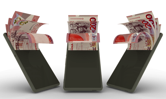 Ghanaian cedi notes inside a mobile phone. money coming out of cell phone. 3d rendering of set of mobile money transaction concept. money from Phone png