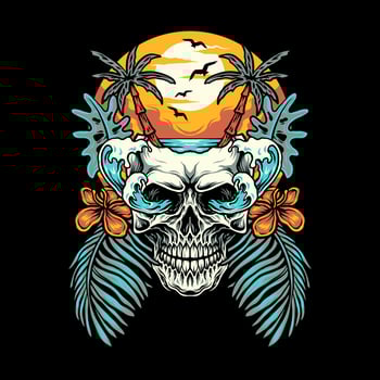 Skull summer beach t-shirt graphic design, hand drawn line with digital color, vector illustration