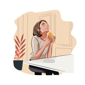 young girl enjoy food eating in table alone smiling vector