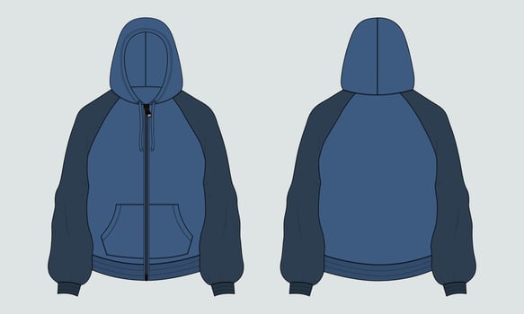 Two tone Color Long sleeve hoodie with Zipper and pocket technical fashion flat sketch Drawing template front and back view. Apparel dress design vector illustration mockup CAD.