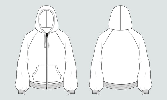 Long sleeve hoodie with Zipper and pocket technical fashion flat sketch Drawing template front and back view. Apparel dress design vector illustration mockup CAD.
