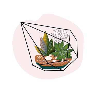 Modern glass florarium, geometric terrarium with succulents and cactus.  japanese decoration, home gardening. Vector doodle illustration.