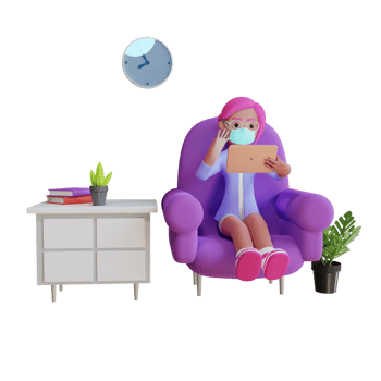 Self isolation girl reading a book corona virus 3d illustration rendering png