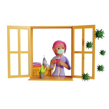 Self isolation girl standing by the window corona virus 3d illustration rendering png