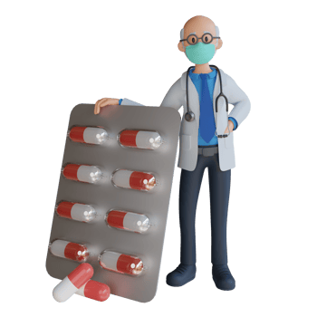3d male senior doctor wearing a mask holding a medicine tablet character design illustration png