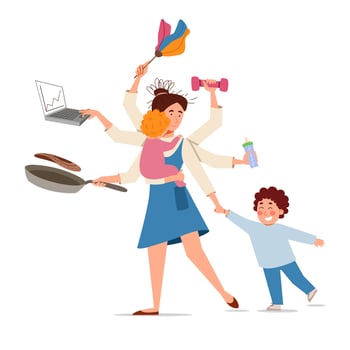Multitasking mom in the image of Shiva. A woman cooks food, cleans dust, takes care of children and works at a laptop. vector