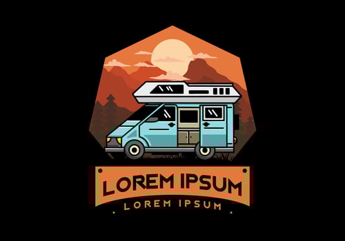 Big van with sliding door for camping illustration badge design vector
