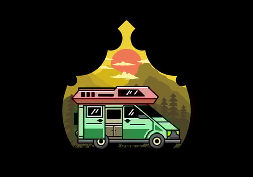 Big van with sliding door for camping illustration badge design vector
