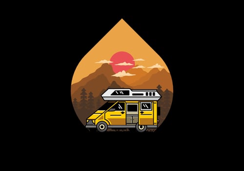 Big van with sliding door for camping illustration badge design vector