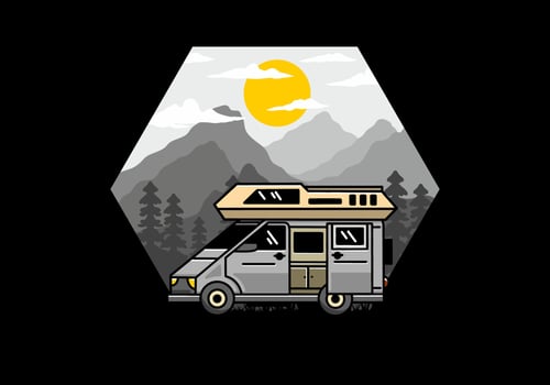 Big van with sliding door for camping illustration badge design vector
