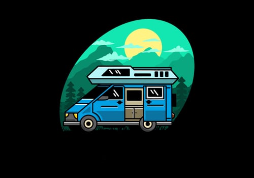 Big van with sliding door for camping illustration badge design vector