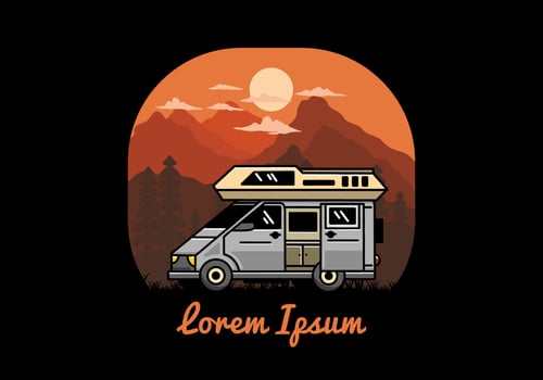 Big van with sliding door for camping illustration badge design vector