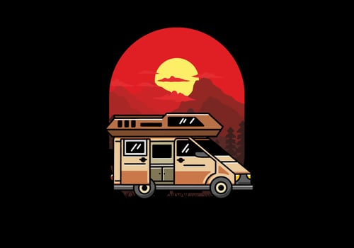 Big van with sliding door for camping illustration badge design vector