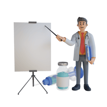 3d male doctor presenting with the board about vaccine character illustration png
