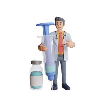 3d male doctor carrying a large vaccine injection character illustration png