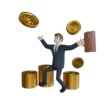 Business man wearing a mask is happy with coins or money character illustration 3d rendering png