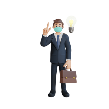 Business man wearing a mask having a good idea character illustration 3d rendering png