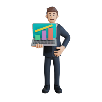 Businessman showing chart on laptop character 3d character illustration png