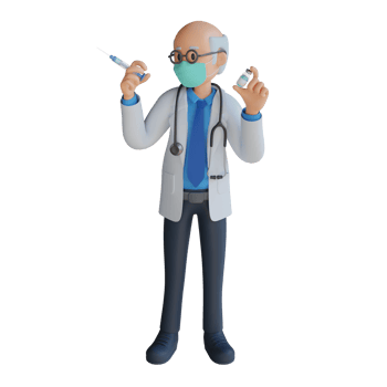 Male senior doctor wearing a mask holding a vaccine injection 3d character illustration png