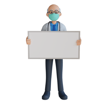 Male doctor wearing a mask presenting with the board 3d character illustration png