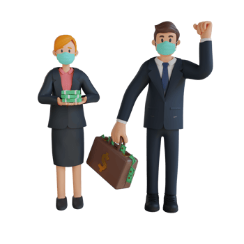 Businessman and woman holding a lot of money character wearing mask 3d character illustration png