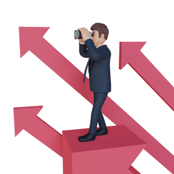 Businessman searching with binoculars and arrows character 3d character illustration png