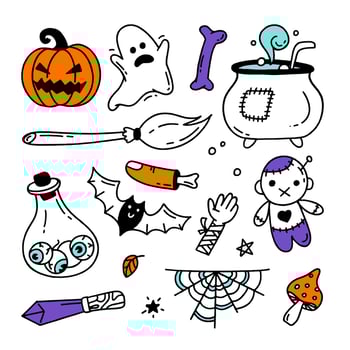 Set of Halloween elements Doodle style vector design illustration Isolated on white background