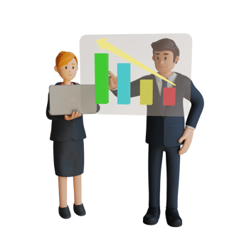 Businessman and woman presenting a chart character 3d character illustration png