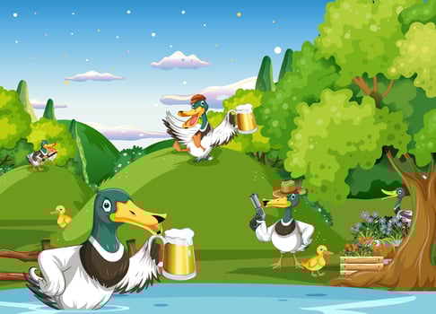 Outdoor scene with cartoon ducks vector