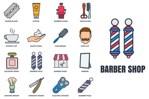 Barber shop banner web icon set. cologne spray, razor blade, mirror, lotion, barber pole, coffee cup and more vector illustration concept.