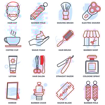 Barber shop banner web icon set. cologne spray, razor blade, mirror, lotion, barber pole, coffee cup and more vector illustration concept.