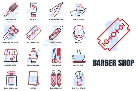Barber shop banner web icon set. cologne spray, razor blade, mirror, lotion, barber pole, coffee cup and more vector illustration concept.
