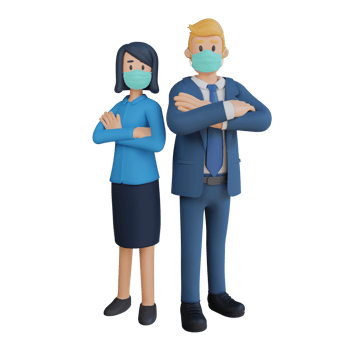 Business man and woman standing side by side character wearing mask 3d character illustration png