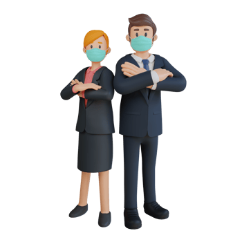 Business man and woman standing side by side character wearing mask 3d character illustration png