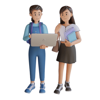 two young girl holding a laptop and books 3d character illustration png