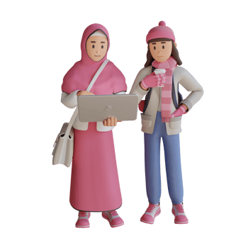 two young girl standing while holding laptop 3d character illustration png