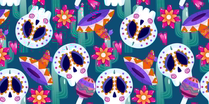 Muertos pattern with skull, maracas, hat. Mexico day dead holiday. Floral skull face. Floral seamless background. Halloween seamless pattern. Purple background. vector