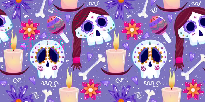 Muertos pattern with skull, candle and bone. Mexico day dead holiday. Floral skull face. Floral seamless background. Halloween seamless pattern. Purple background. vector