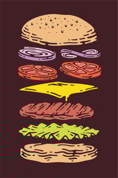 cheese burger with layers or ingredients hand drawn vector