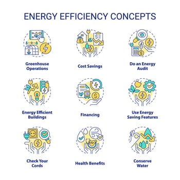 Energy efficiency concept icons set. Electricity and power conservation. Sustainability idea thin line color illustrations. Isolated symbols. Editable stroke. vector